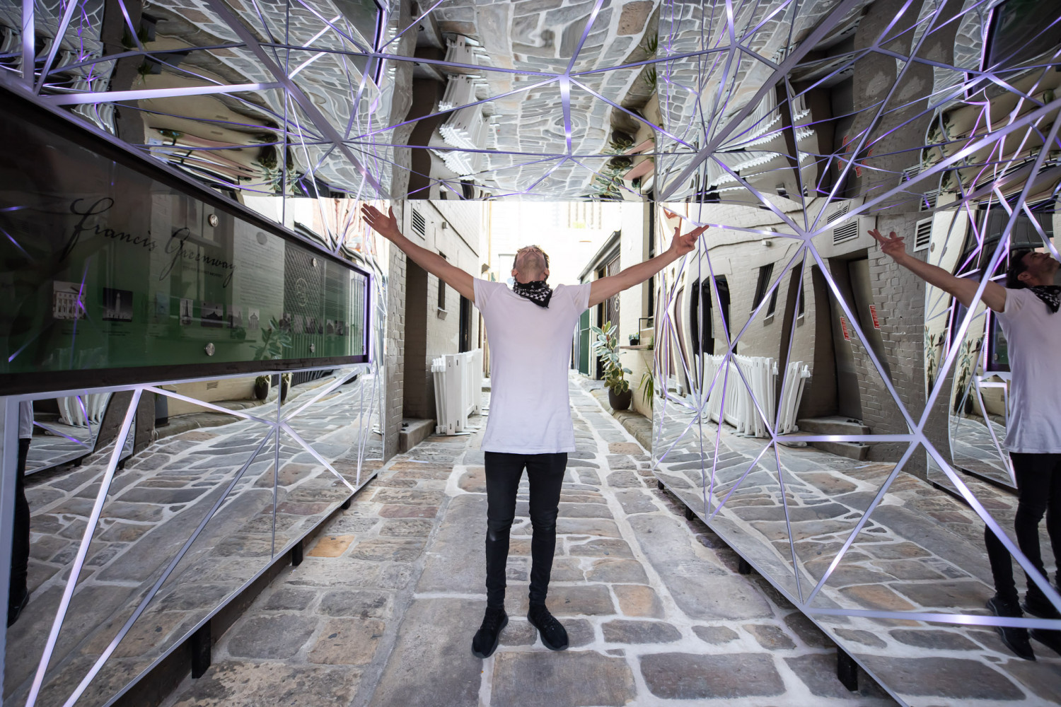 Vincent Buret at his installation in Greenway Lane, The Rocks. Photo by Anna Kucera