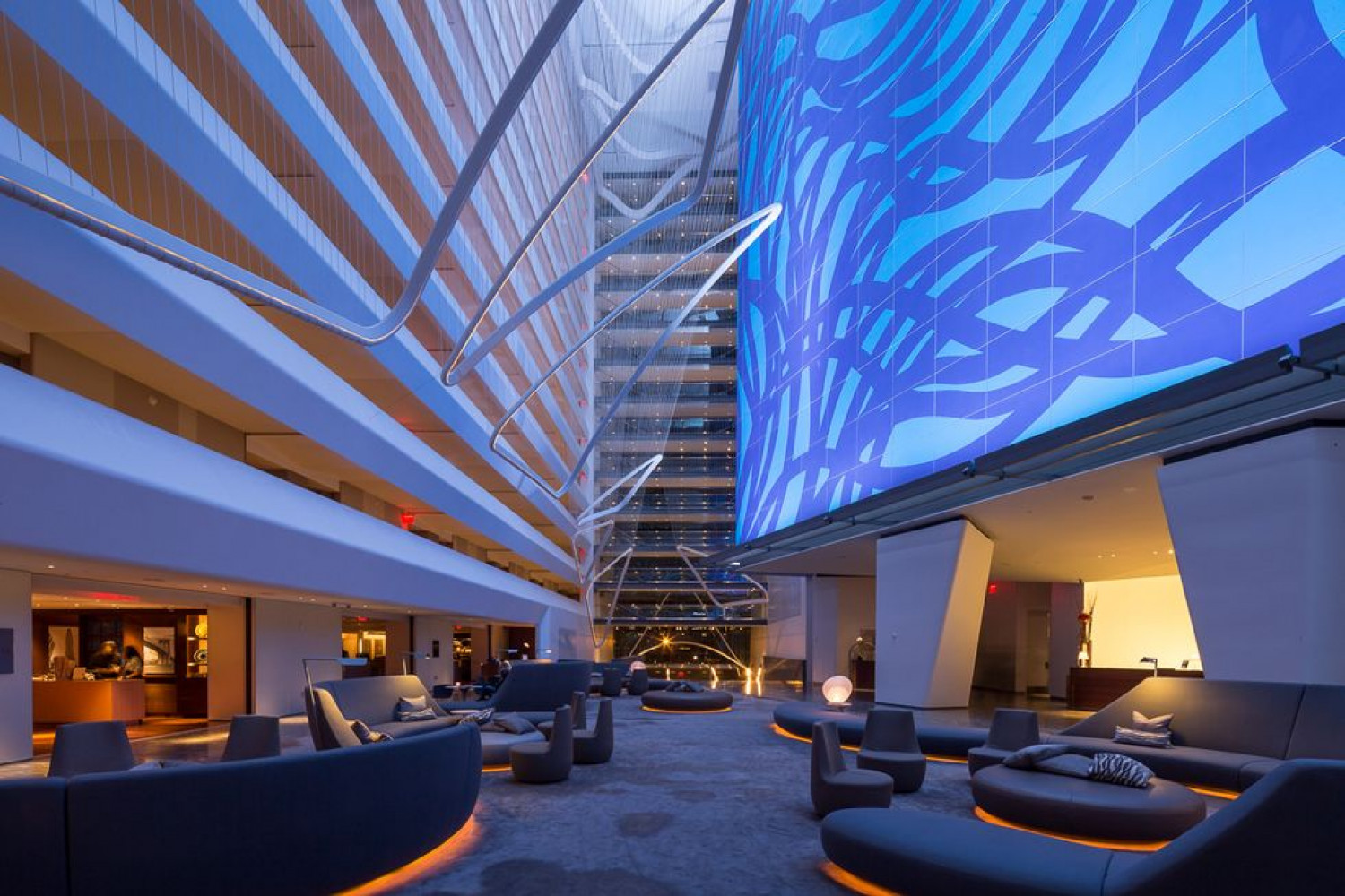 The Conrad in New York has a striking blue and purple Sol LeWitt painting, 'Loopy Doopy (Blue and Purple),' that rises 13 stories high