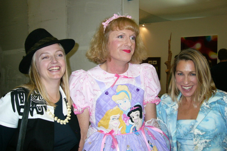 Grayson Perry, Maia Hirst (r) , then the wife of Damien Hirst, who inspired the Art PHarmacy company name, at The Frieze Art Fair, 2004