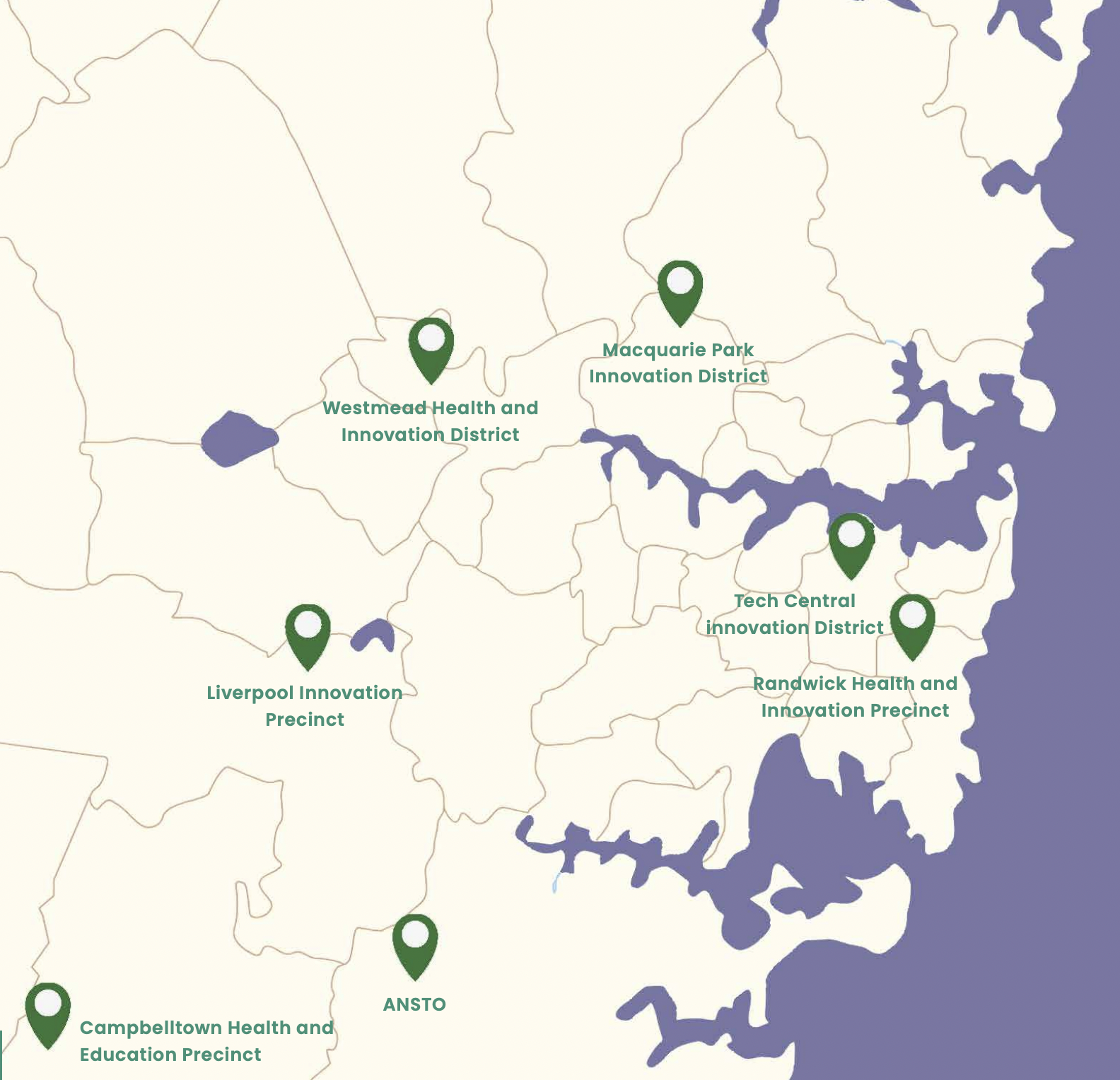 Map of Sydney's Innovation Precincts. Image credit: Committee for Sydney